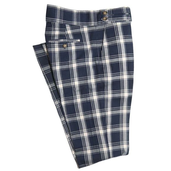 Mens Gurkha Pants Blue White Plaid Wool Slim Straight High Waist Flat Front 32